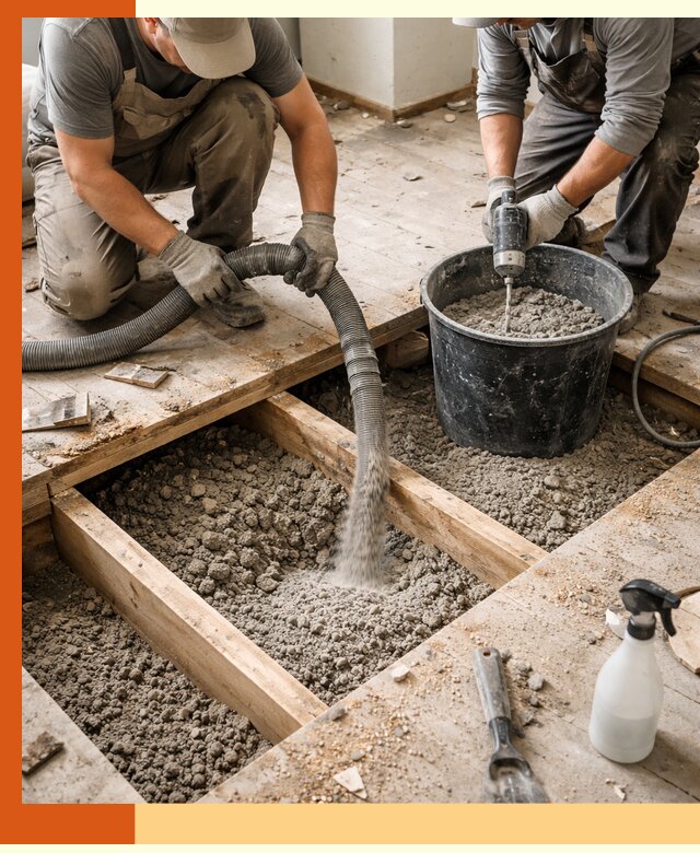 Заполнение пустот пола в клине полиуретаном и пенополистиролом