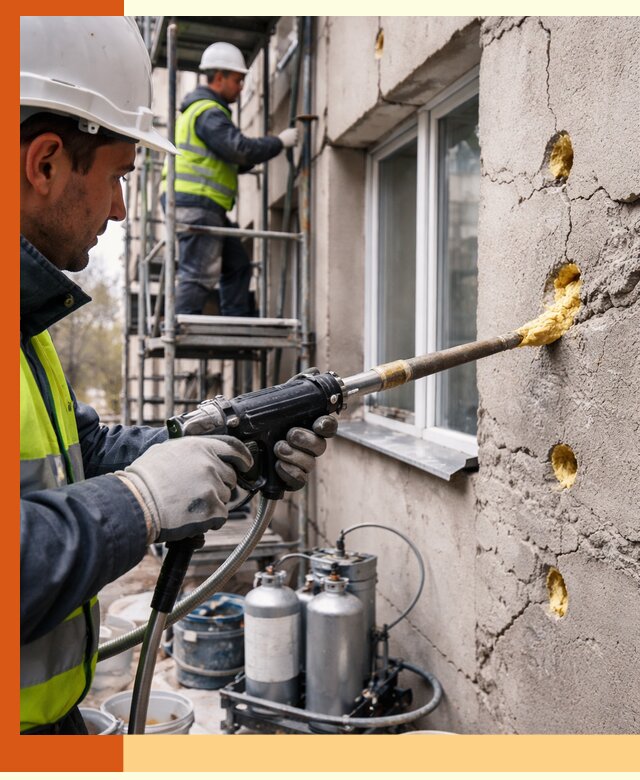 Заполнение пустот в фасаде и утепление стен в клине