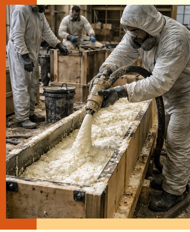 Заливка пенополиуретана в формы для утепления в клине